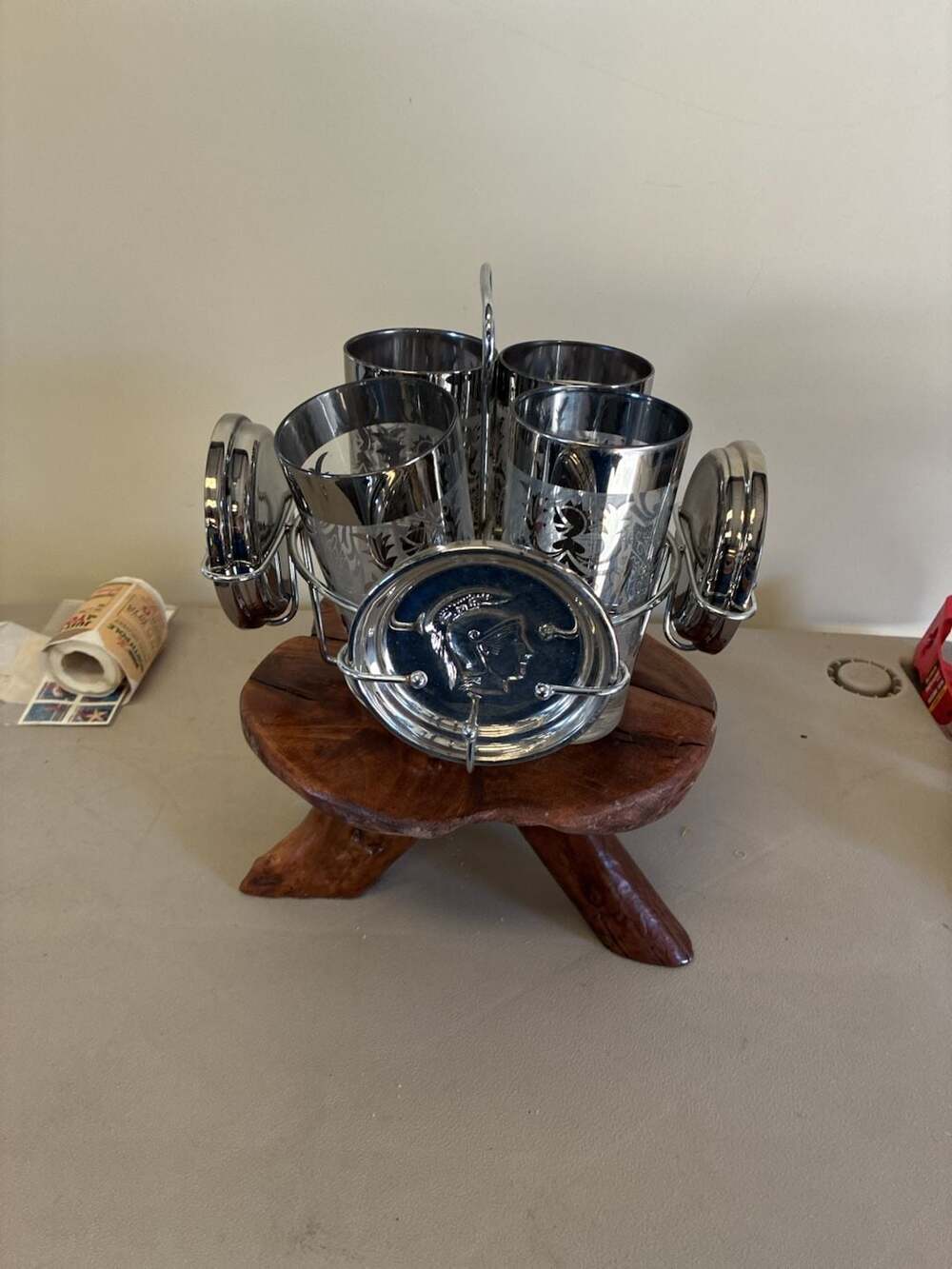 Vintage Mid-Century Kimiko Silver Knight Crest Highball Barware Set with Caddy a